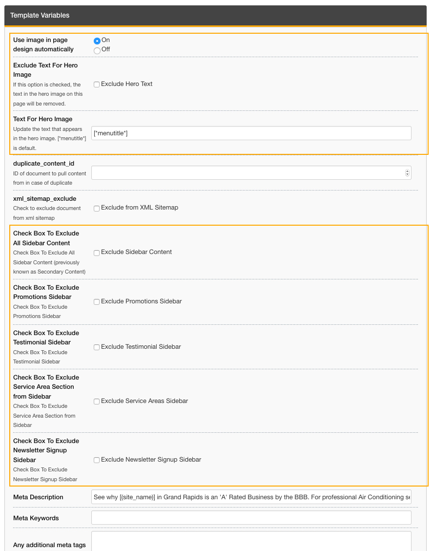 Template Variables that correspond with the Subpage Template.